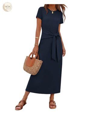 Casual Wrap Maxi Dress with Tie Waist Short Sleeve Summer Work Dresses for